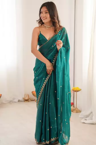 rama tissue embridered saree with unstitched blouse piece