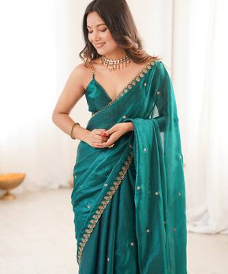 rama tissue embridered saree with unstitched blouse piece 2