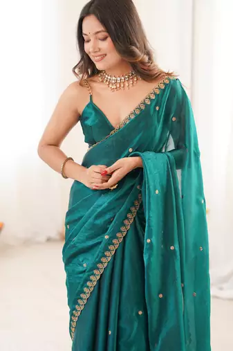 rama tissue embridered saree with unstitched blouse piece