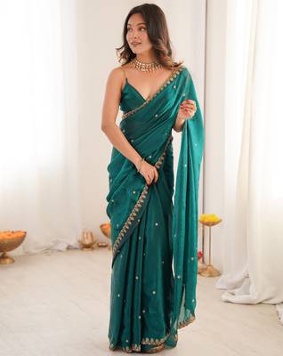 rama tissue embridered saree with unstitched blouse piece 3