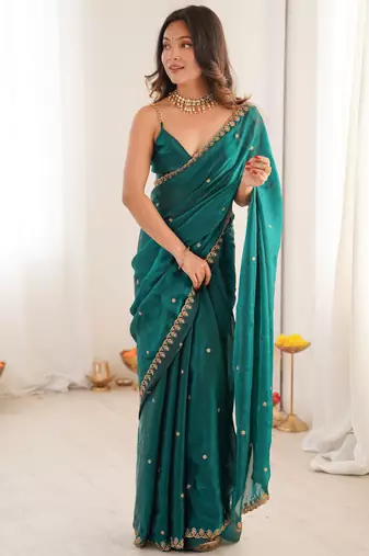 rama tissue embridered saree with unstitched blouse piece