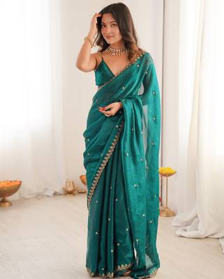 rama tissue embridered saree with unstitched blouse piece 4