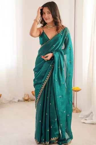 rama tissue embridered saree with unstitched blouse piece