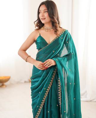 rama tissue embridered saree with unstitched blouse piece 5