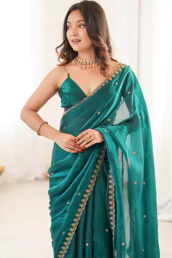 rama tissue embridered saree with unstitched blouse piece