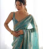 sky blue tissue embridered saree with unstitched blouse piece