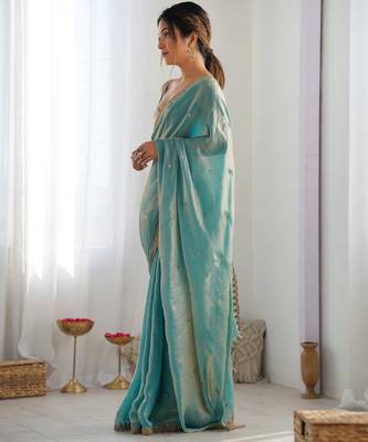 sky blue tissue embridered saree with unstitched blouse piece 4