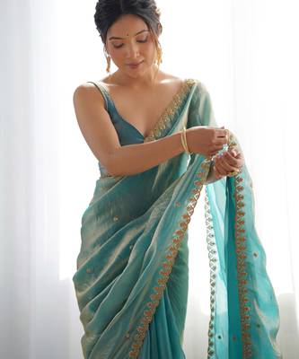 sky blue tissue embridered saree with unstitched blouse piece 5
