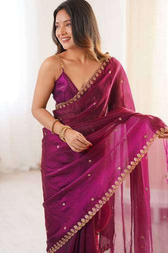 wine tissue embridered saree with unstitched blouse piece
