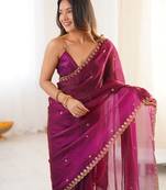 wine tissue embridered saree with unstitched blouse piece