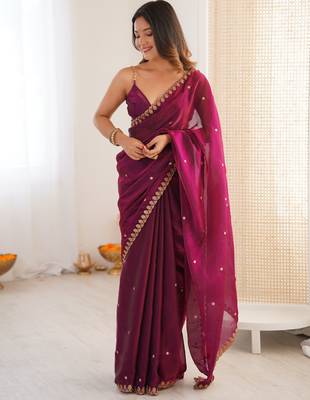 wine tissue embridered saree with unstitched blouse piece 2