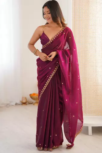 wine tissue embridered saree with unstitched blouse piece