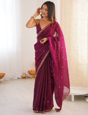 wine tissue embridered saree with unstitched blouse piece 3