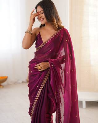 wine tissue embridered saree with unstitched blouse piece 4