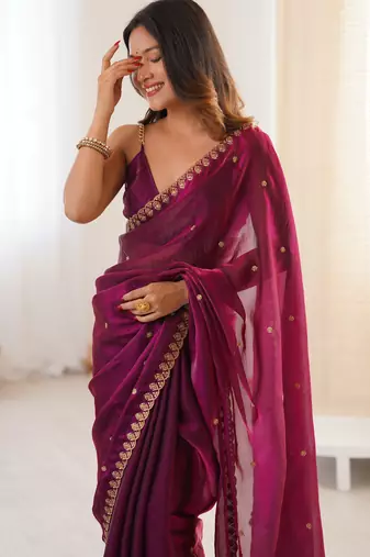 wine tissue embridered saree with unstitched blouse piece