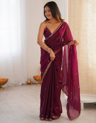 wine tissue embridered saree with unstitched blouse piece 5