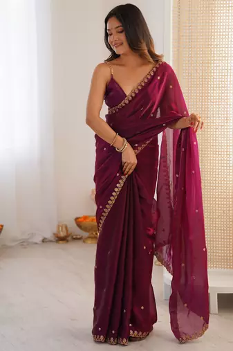 wine tissue embridered saree with unstitched blouse piece