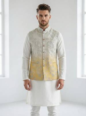 Off-white & yellow ombre silver zari floral embroidery silk blend mandarin collar men's waistcoat 1