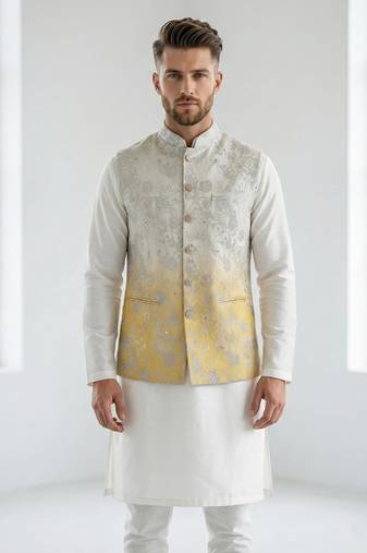 Off-white & yellow ombre silver zari floral embroidery silk blend mandarin collar men's waistcoat