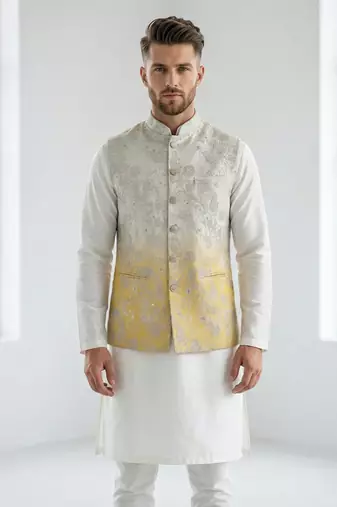Off-white & yellow ombre silver zari floral embroidery silk blend mandarin collar men's waistcoat