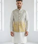Off-white & yellow ombre silver zari floral embroidery silk blend mandarin collar men's waistcoat