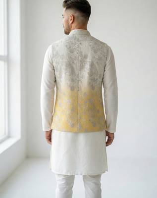 Off-white & yellow ombre silver zari floral embroidery silk blend mandarin collar men's waistcoat 2