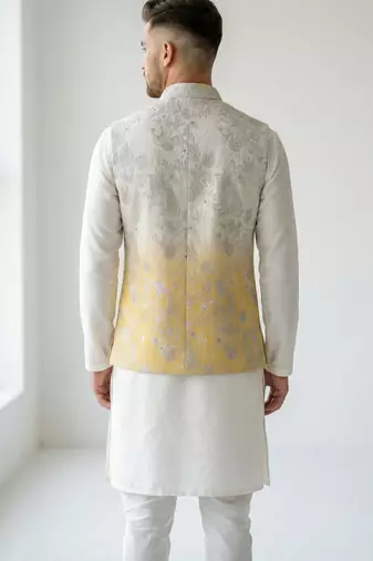 Off-white & yellow ombre silver zari floral embroidery silk blend mandarin collar men's waistcoat