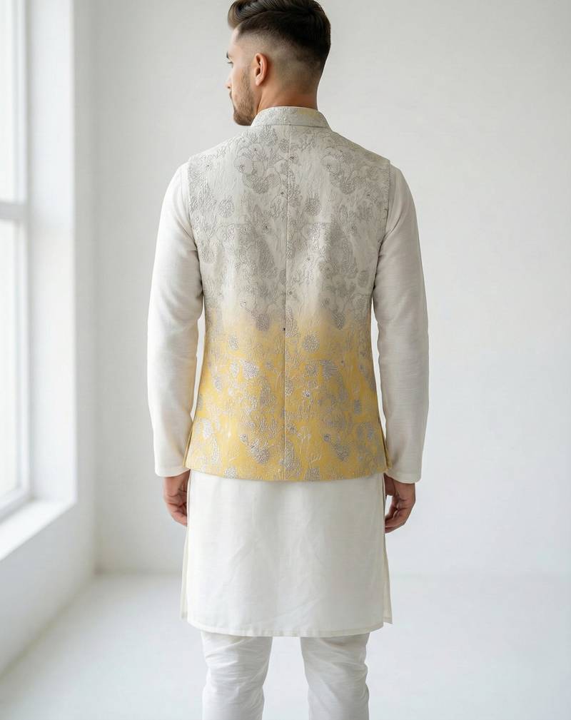 Off-white & yellow ombre silver zari floral embroidery silk blend mandarin collar men's waistcoat