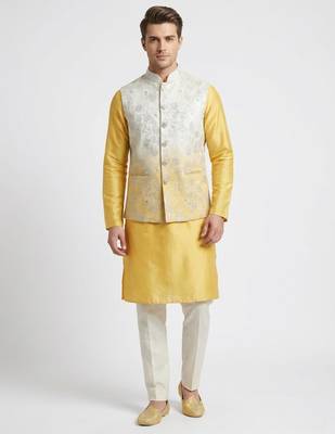 Off-white & yellow ombre silver zari floral embroidery silk blend mandarin collar men's waistcoat 3