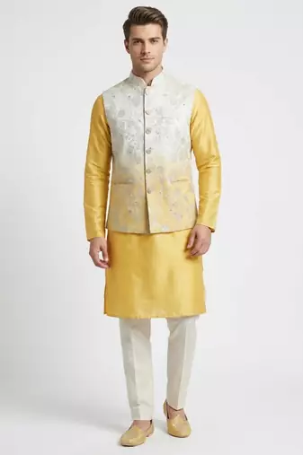 Off-white & yellow ombre silver zari floral embroidery silk blend mandarin collar men's waistcoat