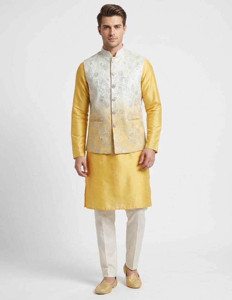 Off-white & yellow ombre silver zari floral embroidery silk blend mandarin collar men's waistcoat