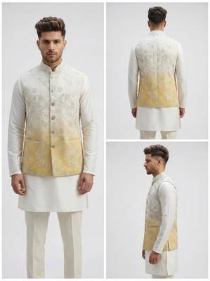 Off-white & yellow ombre silver zari floral embroidery silk blend mandarin collar men's waistcoat 4