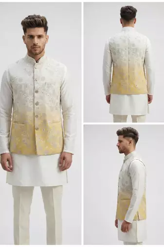 Off-white & yellow ombre silver zari floral embroidery silk blend mandarin collar men's waistcoat