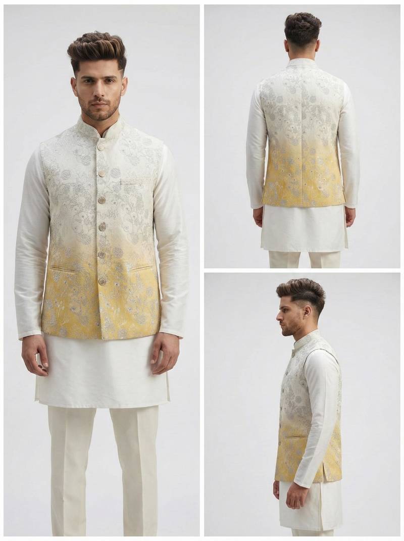 Off-white & yellow ombre silver zari floral embroidery silk blend mandarin collar men's waistcoat