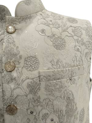 Off-white & yellow ombre silver zari floral embroidery silk blend mandarin collar men's waistcoat 5