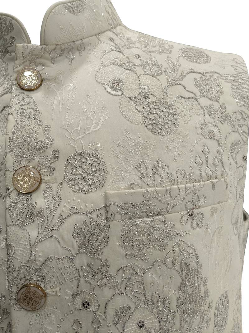 Off-white & yellow ombre silver zari floral embroidery silk blend mandarin collar men's waistcoat