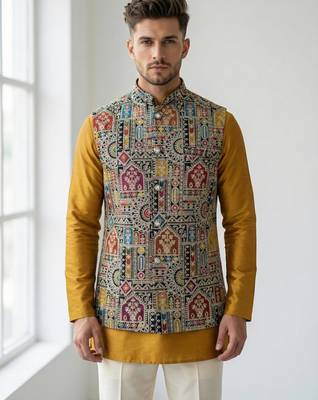 Multicolor intricate resham and zari embroidery silk blend mandarin collar nehru jacket men's waistcoat 1
