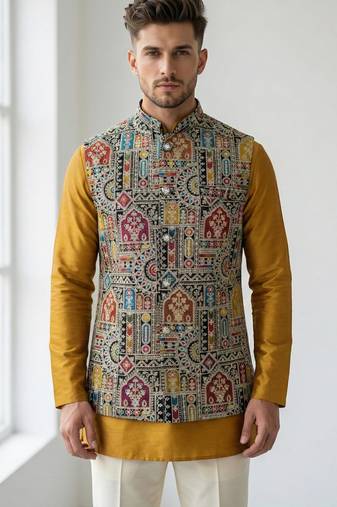 Multicolor intricate resham and zari embroidery silk blend mandarin collar nehru jacket men's waistcoat