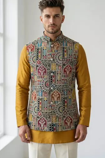 Multicolor intricate resham and zari embroidery silk blend mandarin collar nehru jacket men's waistcoat