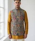 Multicolor intricate resham and zari embroidery silk blend mandarin collar nehru jacket men's waistcoat