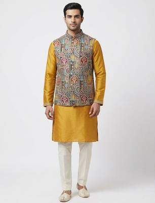 Multicolor intricate resham and zari embroidery silk blend mandarin collar nehru jacket men's waistcoat 2