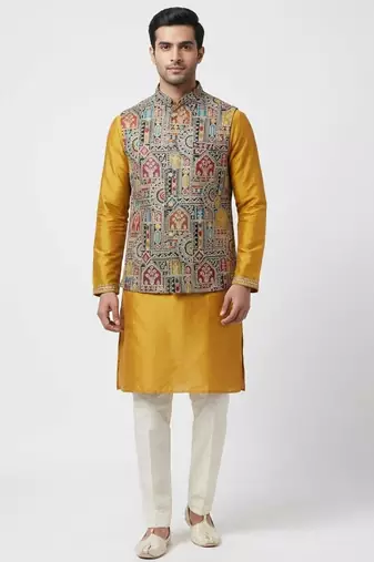 Multicolor intricate resham and zari embroidery silk blend mandarin collar nehru jacket men's waistcoat