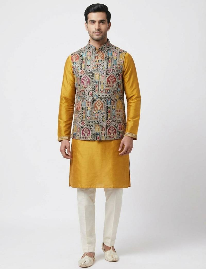 Multicolor intricate resham and zari embroidery silk blend mandarin collar nehru jacket men's waistcoat