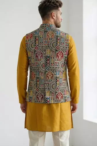 Multicolor intricate resham and zari embroidery silk blend mandarin collar nehru jacket men's waistcoat
