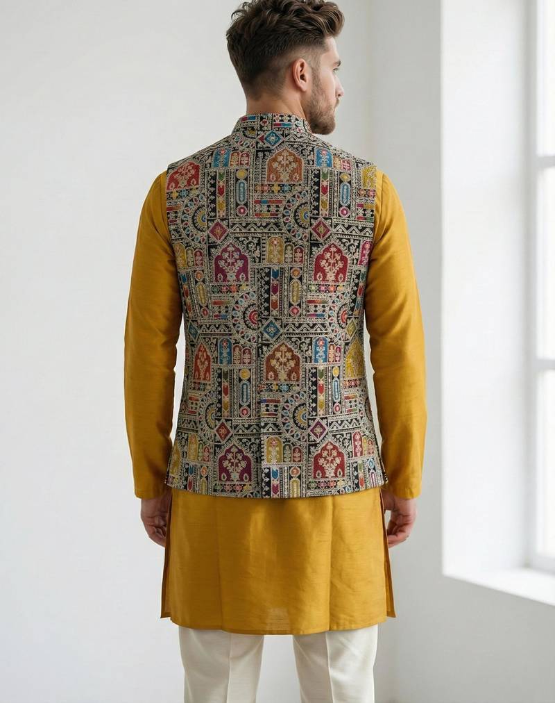 Multicolor intricate resham and zari embroidery silk blend mandarin collar nehru jacket men's waistcoat