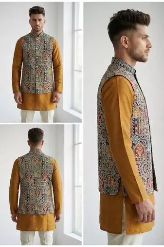Multicolor intricate resham and zari embroidery silk blend mandarin collar nehru jacket men's waistcoat