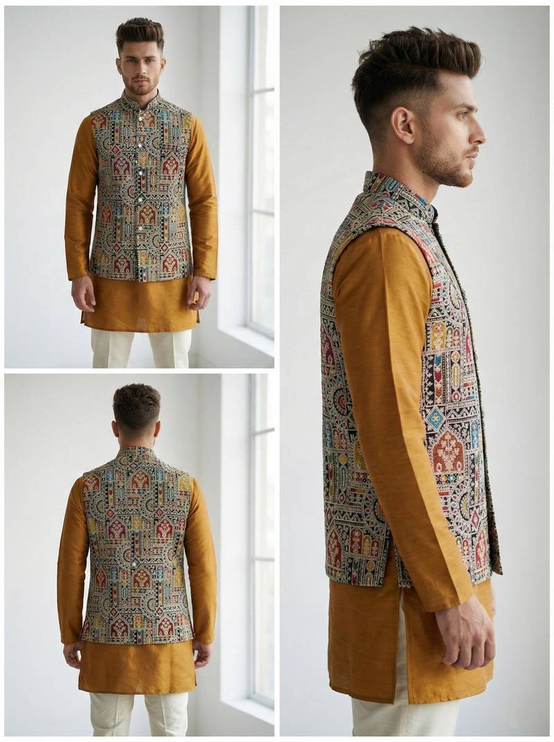 Multicolor intricate resham and zari embroidery silk blend mandarin collar nehru jacket men's waistcoat