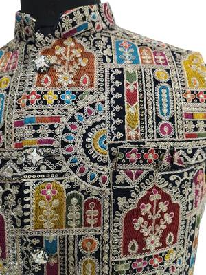 Multicolor intricate resham and zari embroidery silk blend mandarin collar nehru jacket men's waistcoat 5