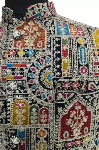 Multicolor intricate resham and zari embroidery silk blend mandarin collar nehru jacket men's waistcoat