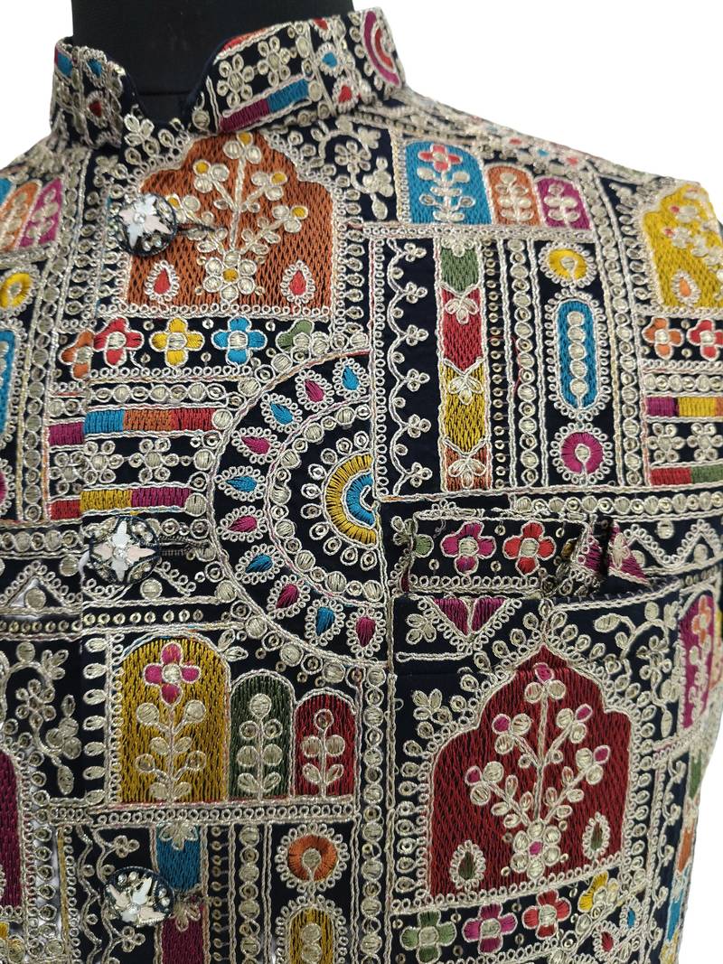 Multicolor intricate resham and zari embroidery silk blend mandarin collar nehru jacket men's waistcoat